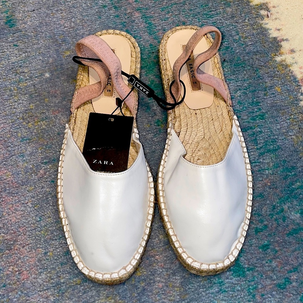 NWT Zara White Leather Sling Back Espadrilles